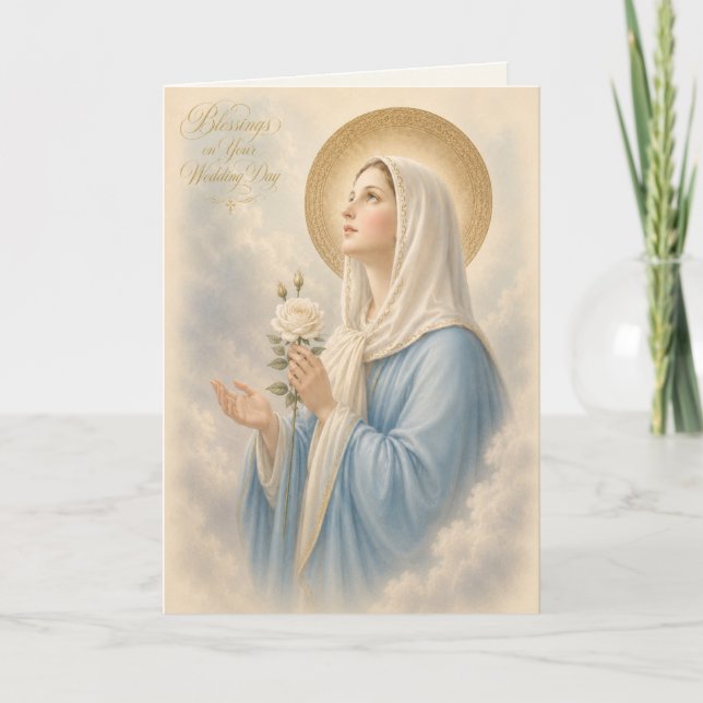 Carte Mariage catholique aux roses blanches de la mère b (Devant)