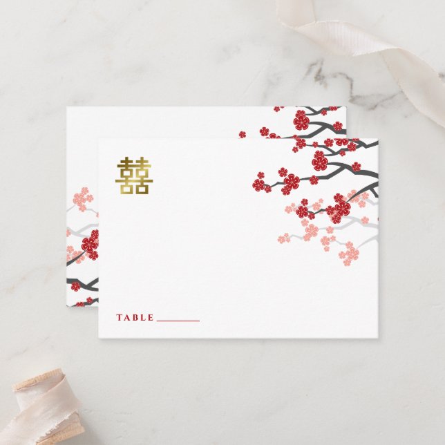 Carte Mariage chinoise Sakura Double Happy (Devant/Arrière en situation)