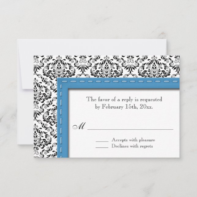 Carte Mariage damassé Bleu avec pointillé Réponse  (Devant)