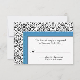 Carte Mariage damassé Bleu avec pointillé Réponse