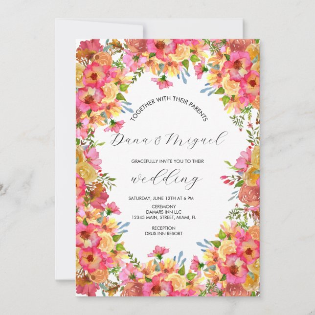 Carte Mariage d'aquarelle de jardin rose brillant (Devant)