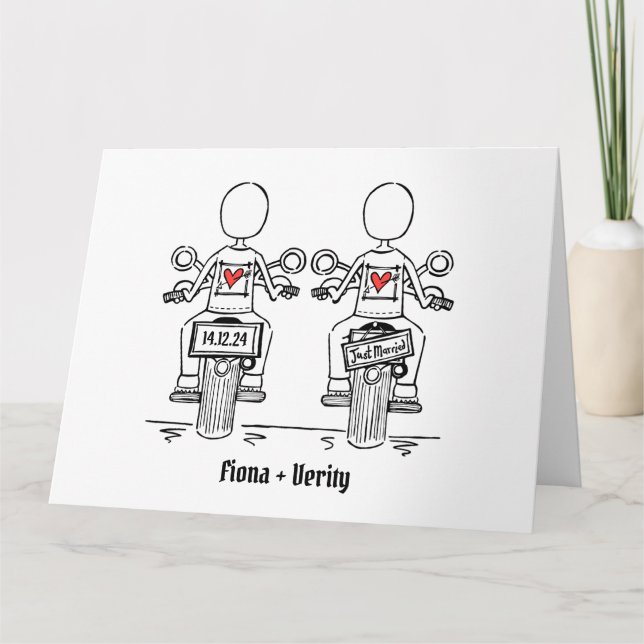 Carte Mariage de motocyclette de deux mariées (Devant)
