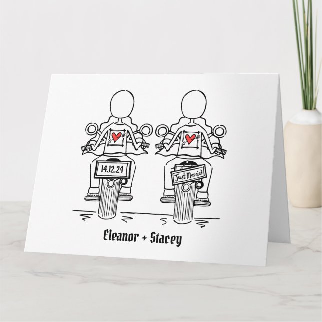 Carte Mariage de motocyclette de deux mariées (Devant)