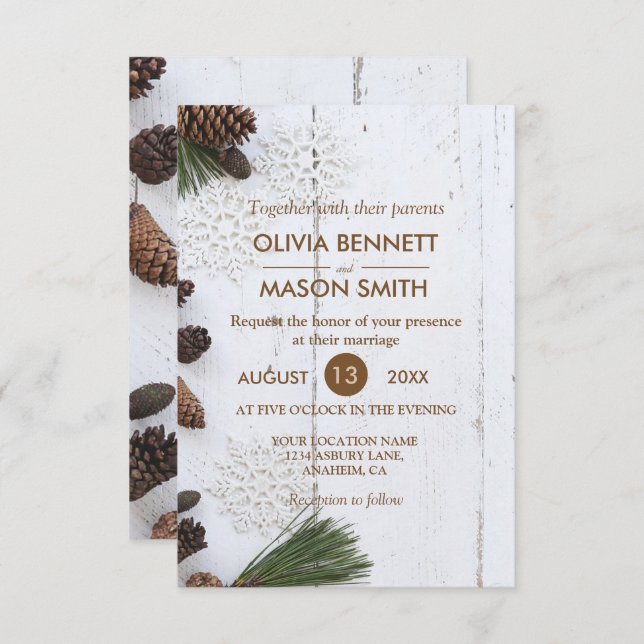 Carte Mariage de Pinecone et Snowflakes d'hiver (Devant / Derrière)