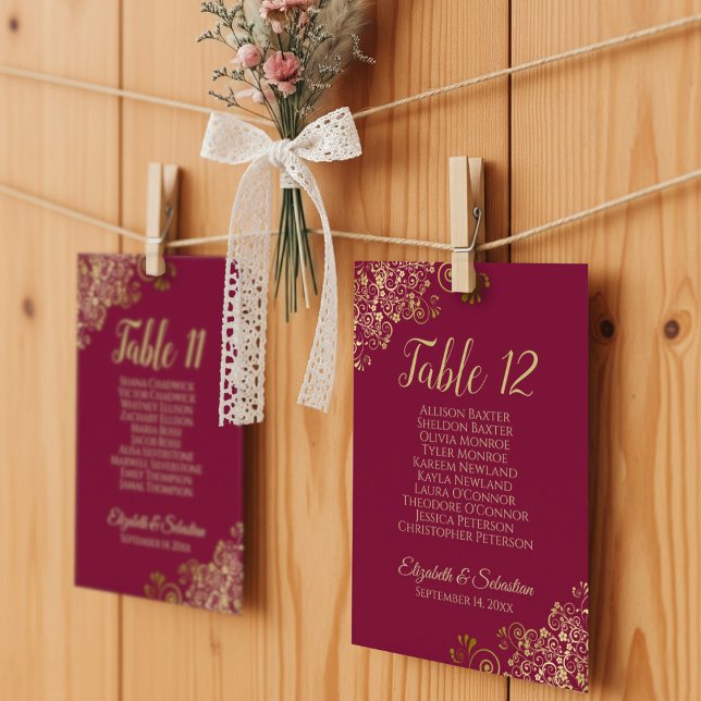 Carte Mariage de siège Burgundy & Gold 10 Nom (Use these cards to create your own seating chart display!)