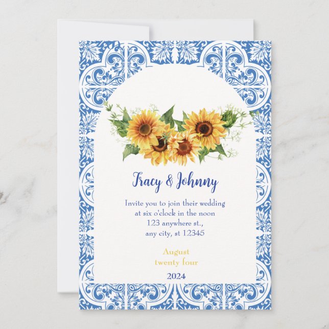 Carte Mariage de tournesol moderne Carreaux bleu e (Devant)