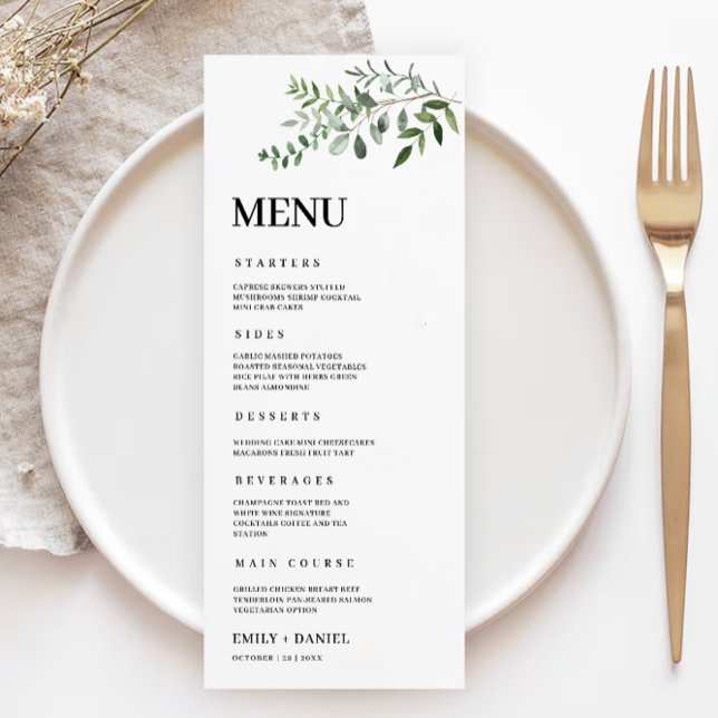 Carte Mariage de verdure Modèle de menu (Greenery Wedding Menu Cards Template)