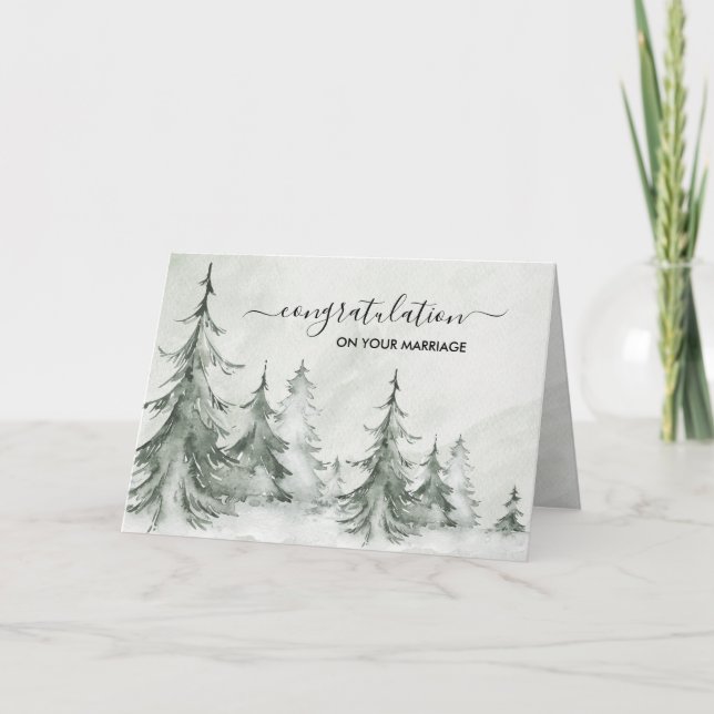 Carte Mariage d'hiver aux sapins à l'aquarelle (Devant)