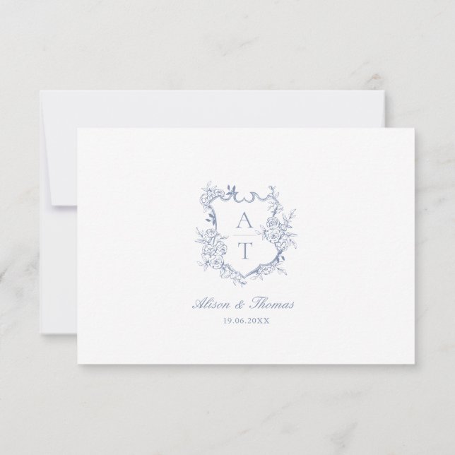 Carte mariage Dusty Blue Crest Monogram Détails (Dos)