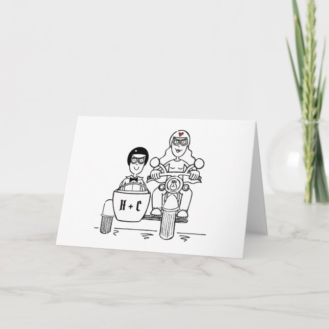 Carte Mariage en moto et side-car (Devant)