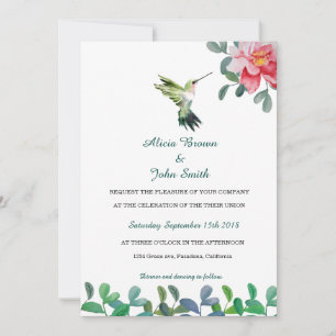 Carte Mariage Fleur rose et Aquarelle d'oiseaux