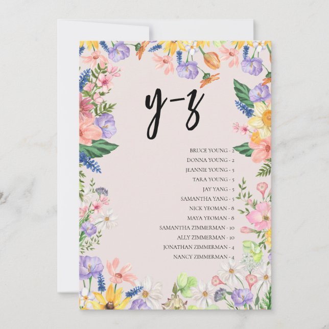 Carte Mariage fleur sauvage Alphabet Seize Chart (Devant)
