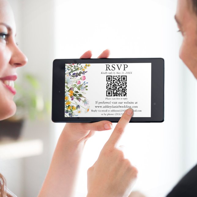 Carte Mariage Fleur sauvage aquarelle QR RSVP (Customize to change text size or text style.)