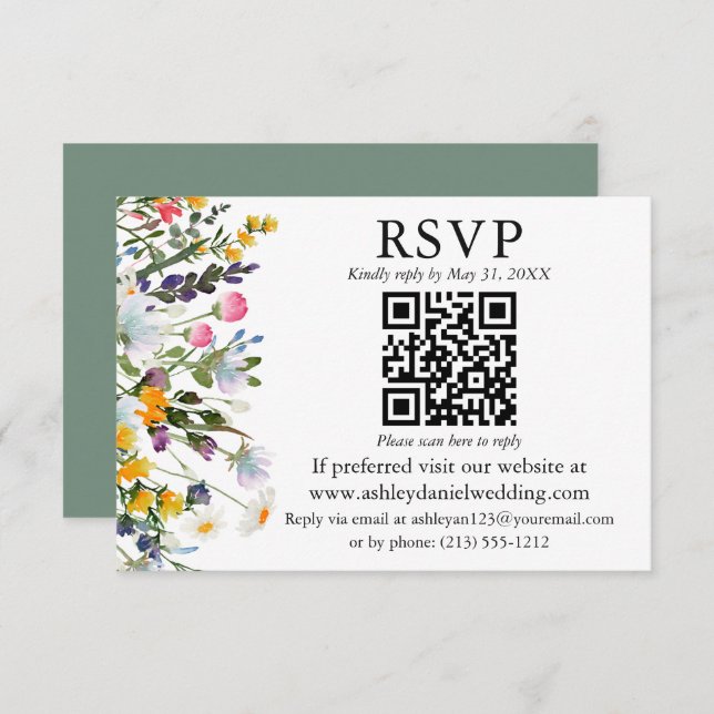 Carte Mariage Fleur sauvage aquarelle Sage vert QR RSVP (Devant / Derrière)