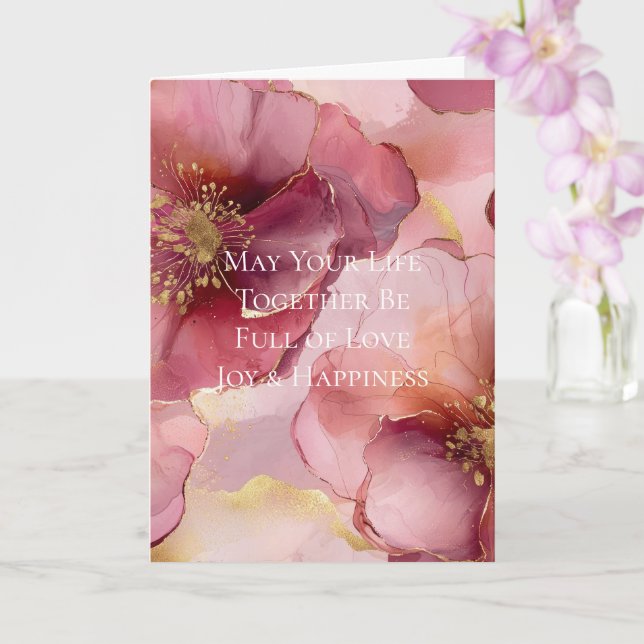 Carte Mariage Fleurs Rose Pâle Bourgogne Doré (Orchidée)