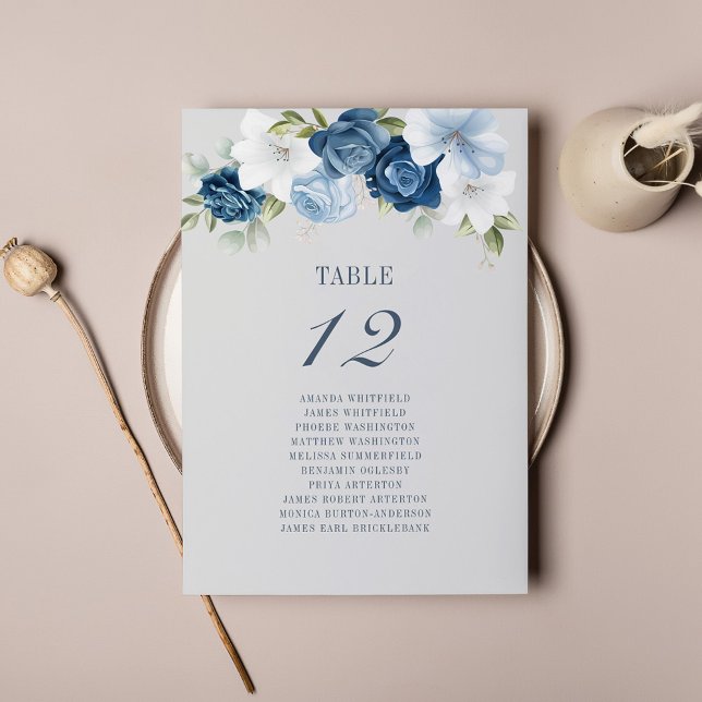 Carte Mariage Floral Blanc Bleu (Dusty Blue Floral Wedding Reception Table Number Card)