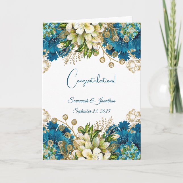 Carte Mariage floral or bleu glam (Devant)