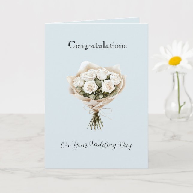 Carte Mariage Floral Roses Blanches Bleu Clair (Petite plante)