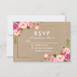 Carte Mariage Kraft Pink Blush Floral Gold RSVP