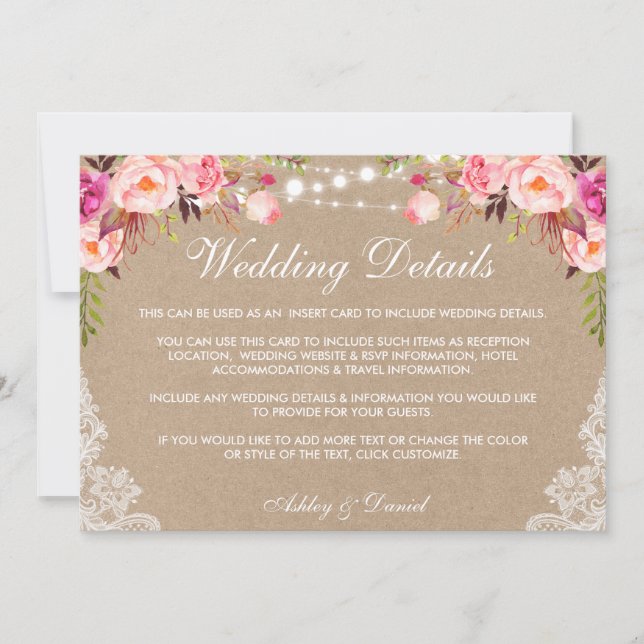Carte Mariage Lights Lace Rose Détails Kraft Insertion (Devant)
