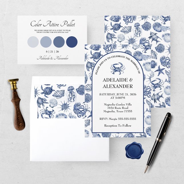 Carte Mariage Moderne à l'aquarelle Bleu de la Côte (Créateur téléchargé)