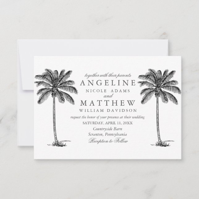 Carte Mariage noir et blanc Tropical Palm Tree (Devant)
