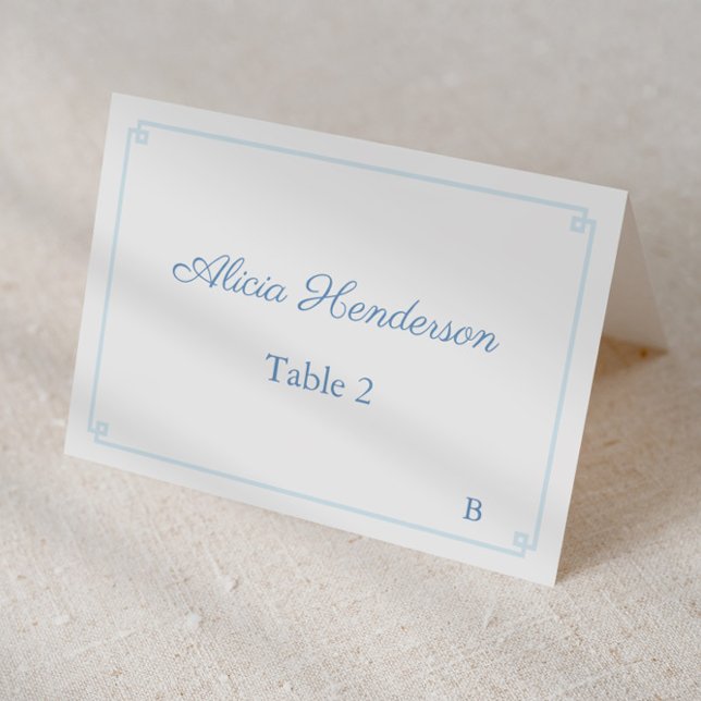 Carte Mariage Pale Blue White (Pale blue and white Greek Key border and backer individual place card for wedding or baby shower)