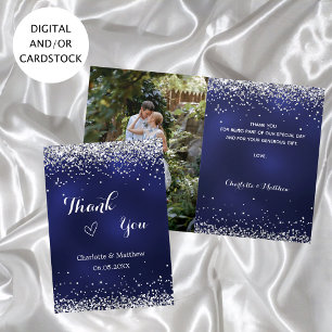 Carte Mariage photo bleu marine en argent merci