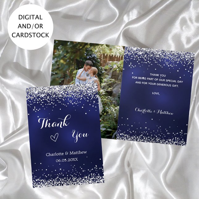 Carte Mariage photo bleu marine en argent merci (Créateur téléchargé)