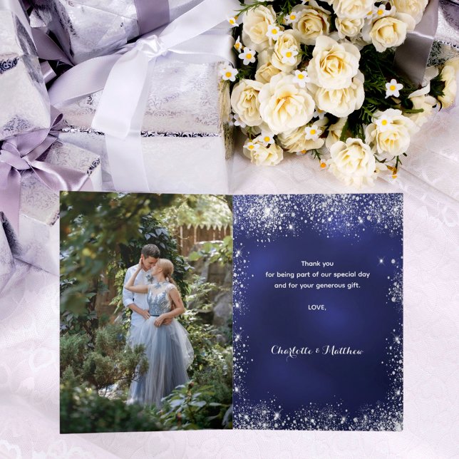 Carte Mariage photo bleu marine en argent merci (Créateur téléchargé)