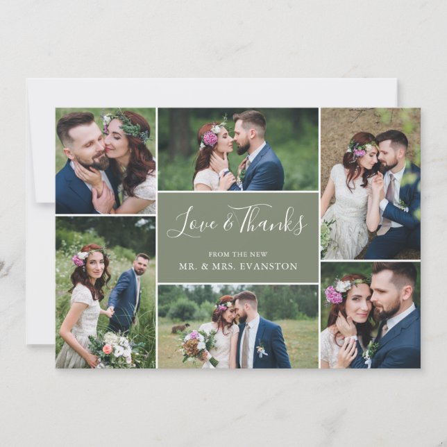 Carte Mariage photo Collage Merci plat| Sage (Devant)