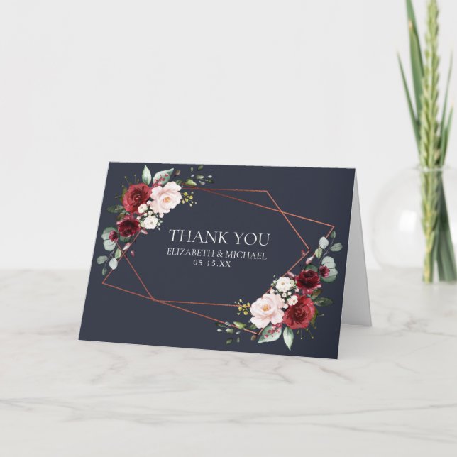 Carte Mariage photo en cuivre géométrique bordeaux bleu (Devant)