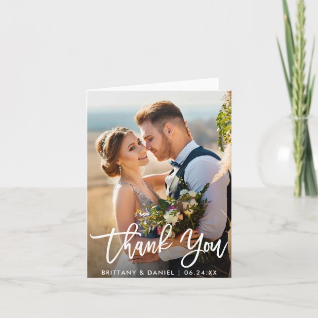 Carte Mariage Photo Moderne Brush Script Note Merci W (Devant)