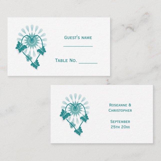Carte mariage Place Cartes Turquoises Papillons Co (Devant / Derrière)