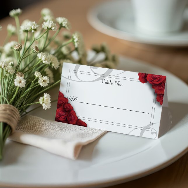 Carte Mariage plat avec Roses rouges (Red Rose Place Card)