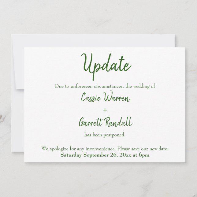 Carte Mariage reportée verte blanche "Mise à jour" (Devant)