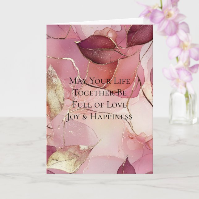 Carte Mariage Rose Pâle Bourgogne Feuilles D'or (Orchidée)