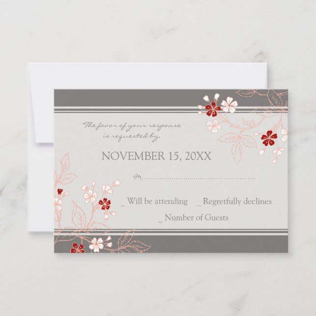 Carte Mariage RSVP Coral Red Grey Floral (Devant)