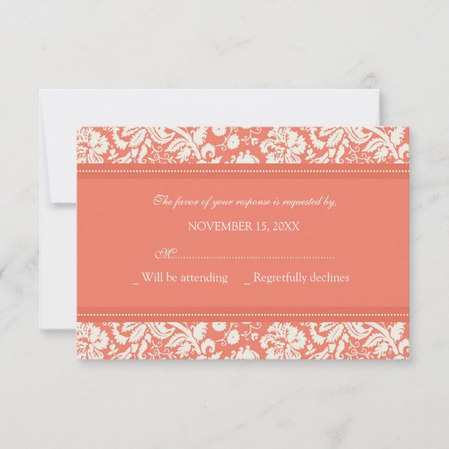 Carte Mariage RSVP Crème et Coral Damask (Devant)