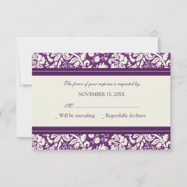 Carte Mariage RSVP Crème et Plum Damask (Devant)