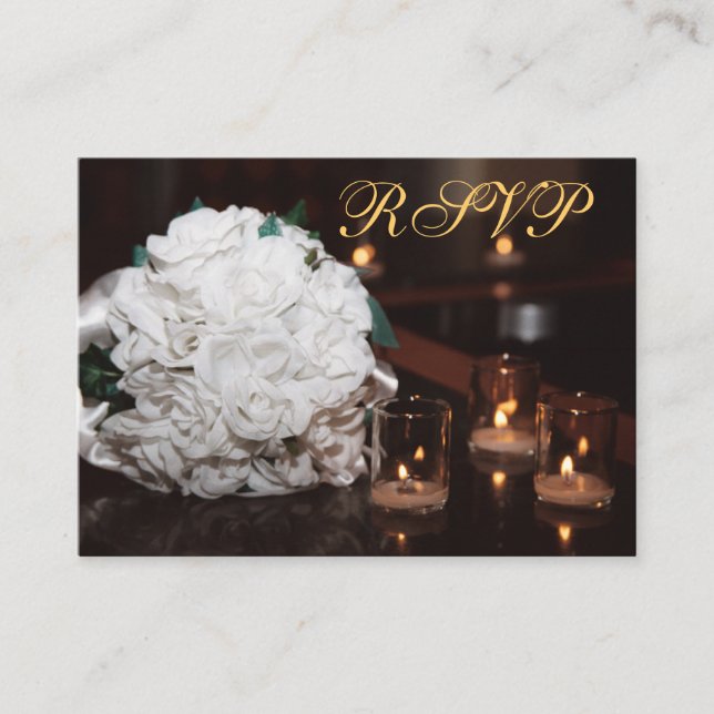 Carte Mariage RSVP en or blanc Roses et bougies (Devant)