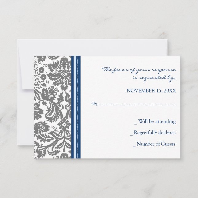 Carte Mariage RSVP gris bleu Damas (Devant)
