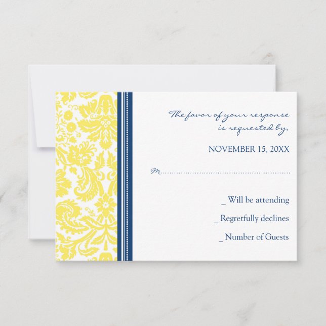 Carte Mariage RSVP Jaune Bleu Damas (Devant)