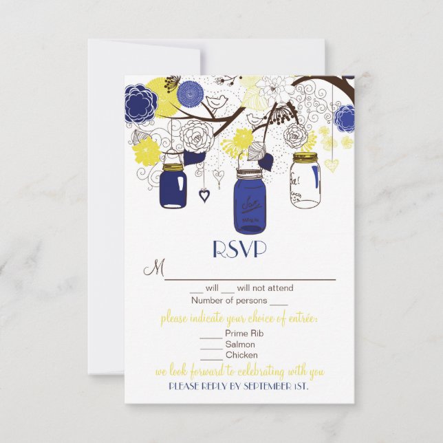 Carte Mariage RSVP Mason Jaune et Bleu (Devant)