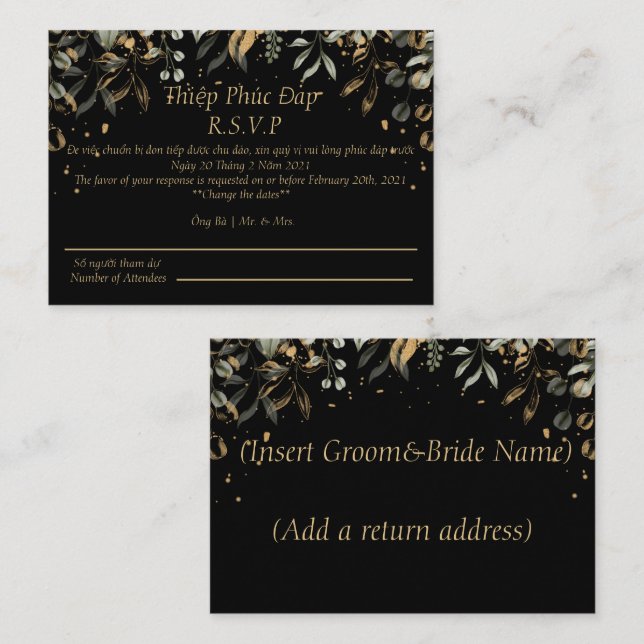 Carte Mariage RSVP Noir/Or Anglais/Vietnamien (Devant / Derrière)