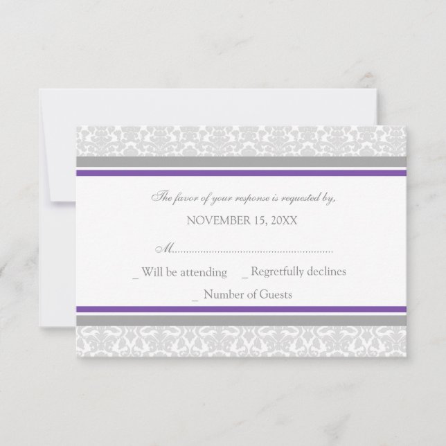 Carte Mariage RSVP pourpre Grey Damask (Devant)