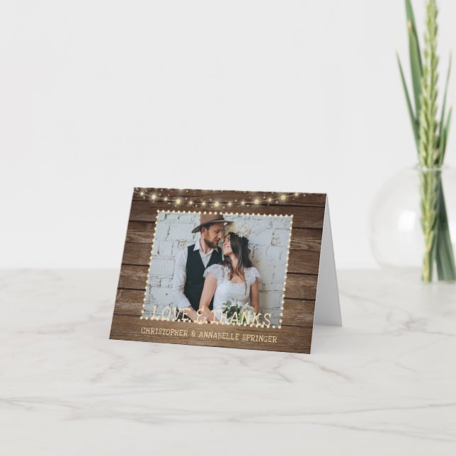 Carte Mariage Rustic Wood Lights 2 Merci photo (Devant)
