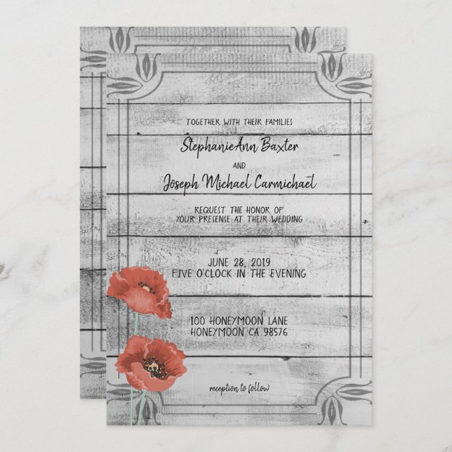 Carte Mariage Rustique Blanc Pavot Fleurs (Devant / Derrière)