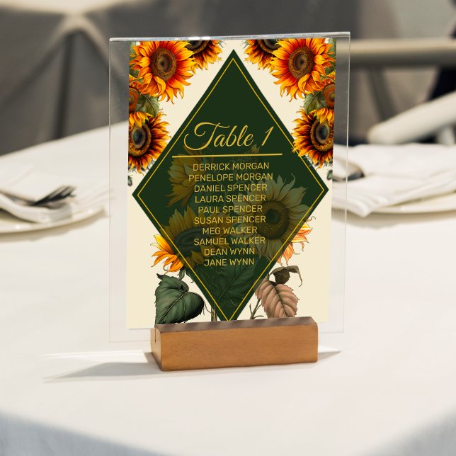 Carte Mariage Sunflower Forest Green & Gold Table  (Créateur téléchargé)