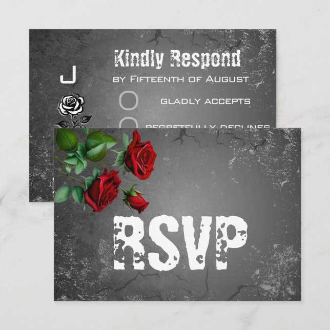 Carte Mariage textuelle RSVP Red Rose & Grunge (Devant / Derrière)